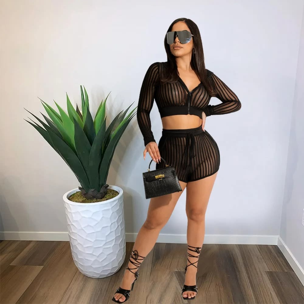 Sheer Mesh Black White 2 Piece Set: Zipper Hooded Crop Top + Shorts